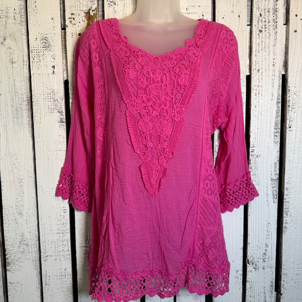 SR Fashion Pink Cotton Crochet Lace Tunic Top Plus XXL Boho Back Tie Lightweight